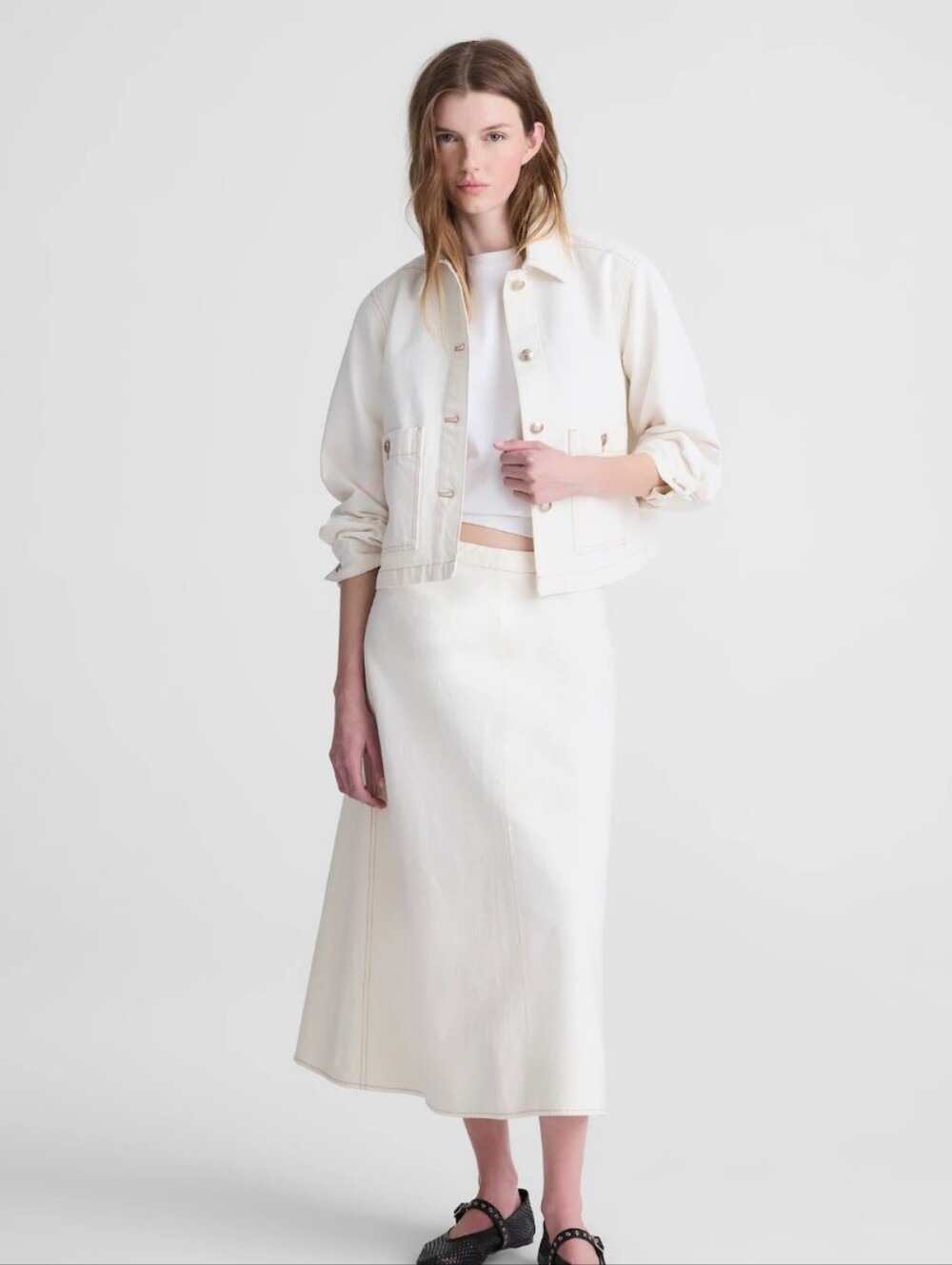 Madewell Airy Denim Slip Midi Skirt NZ076 Size 28 Winter White/ Ivory
